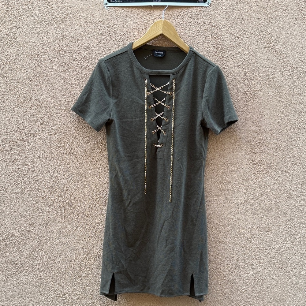 Short Sleeve Olive Green Lace-Up Dress